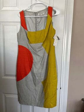 Chetta B Colorblock Linen-Blend Midi Dress in Gray, Mustard & Red